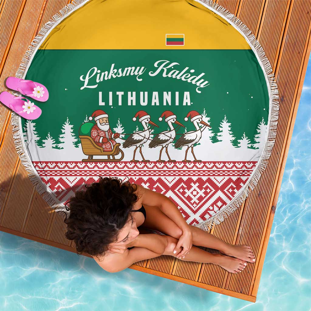 Lithuania Christmas Beach Blanket with Santa Sleigh Pulled by Storks and Folk Pattern Design - Wonder Print Shop