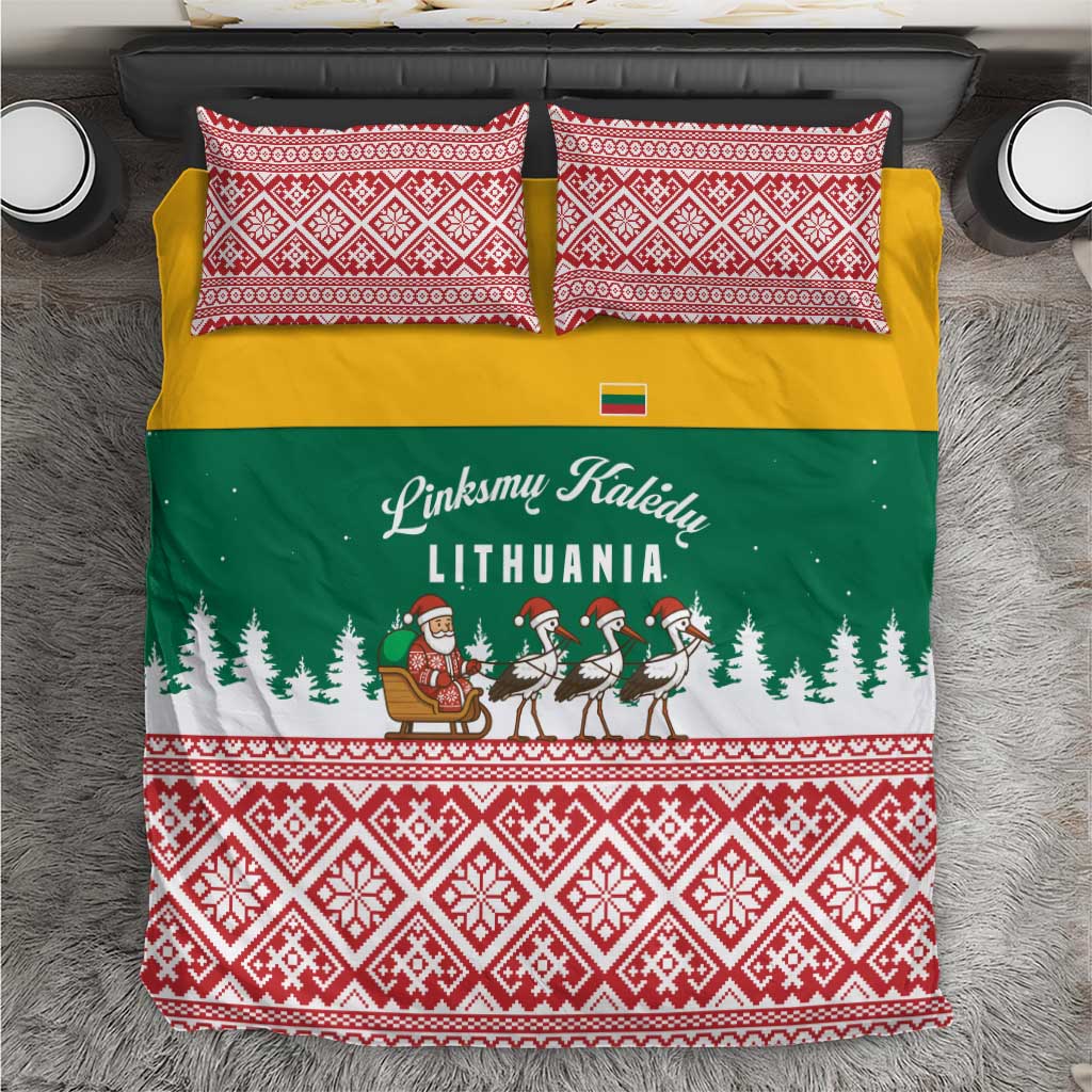 Lithuania Christmas Bedding Set with Santa Sleigh Pulled by Storks and Folk Pattern Design - Wonder Print Shop