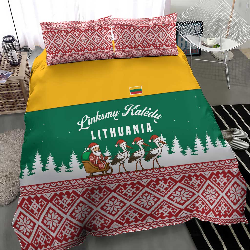 Lithuania Christmas Bedding Set with Santa Sleigh Pulled by Storks and Folk Pattern Design - Wonder Print Shop