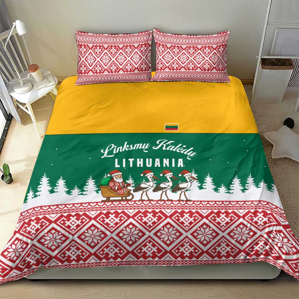 Lithuania Christmas Bedding Set with Santa Sleigh Pulled by Storks and Folk Pattern Design - Wonder Print Shop