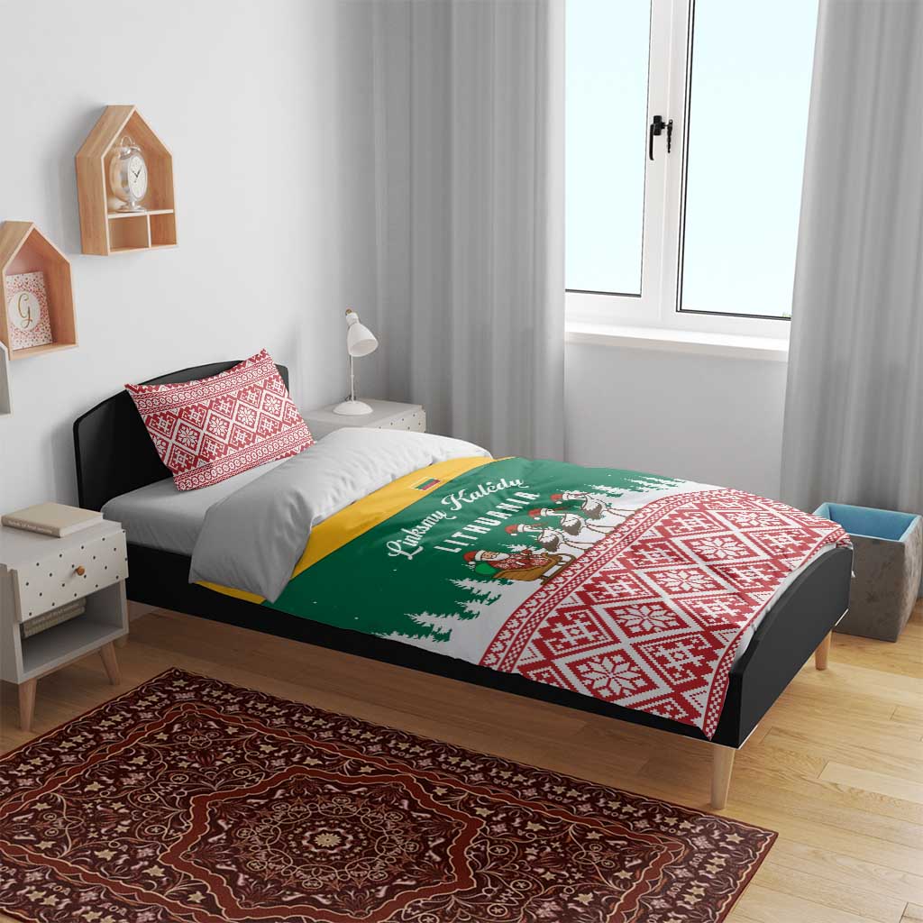 Lithuania Christmas Bedding Set with Santa Sleigh Pulled by Storks and Folk Pattern Design - Wonder Print Shop