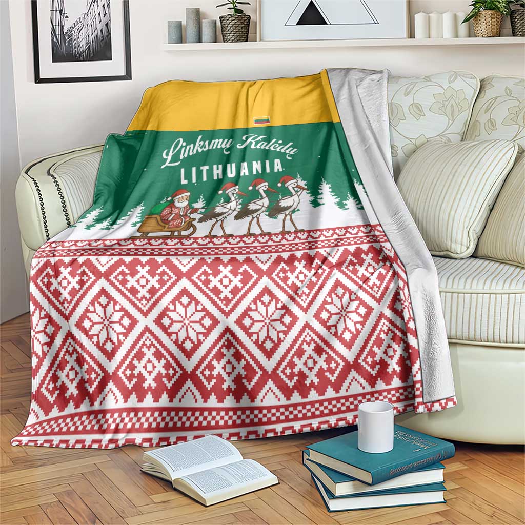 Lithuania Christmas Blanket with Santa Sleigh Pulled by Storks and Folk Pattern Design - Wonder Print Shop