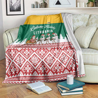 Lithuania Christmas Blanket with Santa Sleigh Pulled by Storks and Folk Pattern Design - Wonder Print Shop