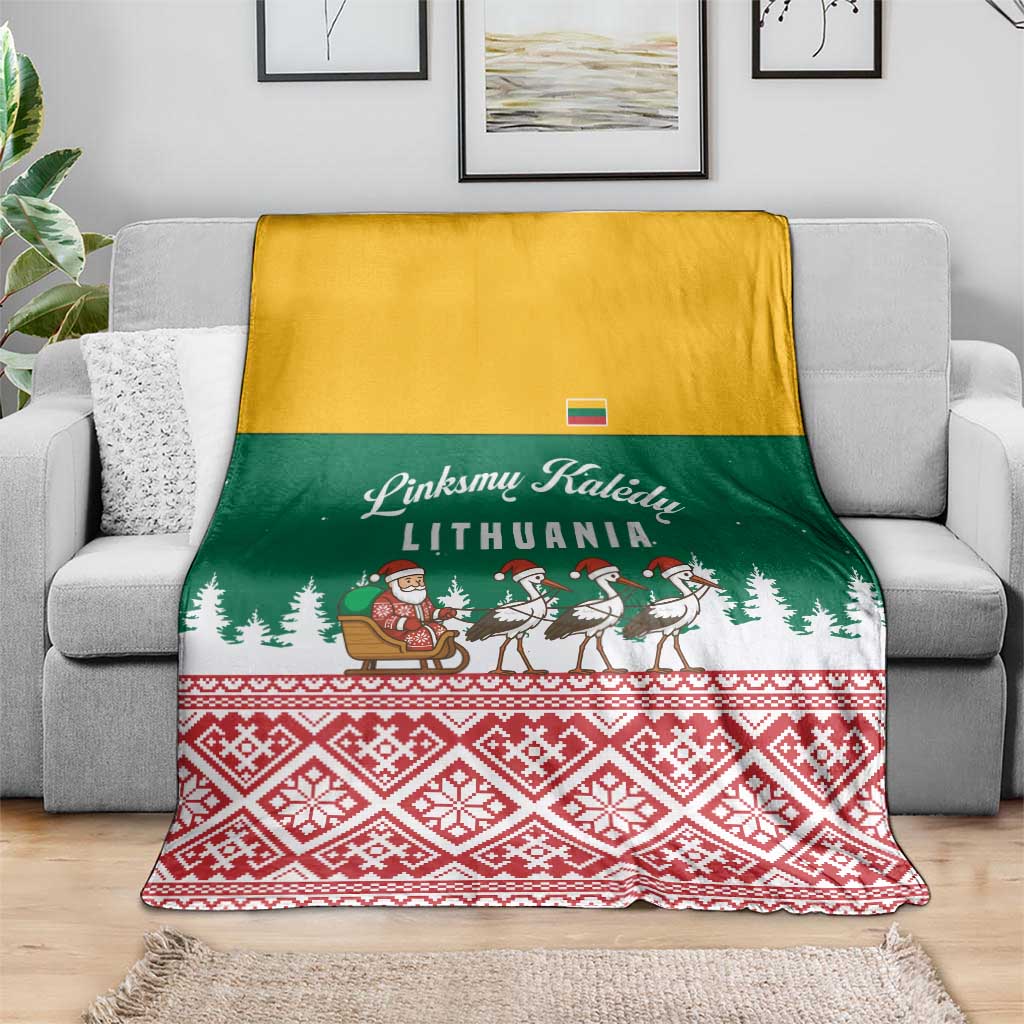 Lithuania Christmas Blanket with Santa Sleigh Pulled by Storks and Folk Pattern Design - Wonder Print Shop