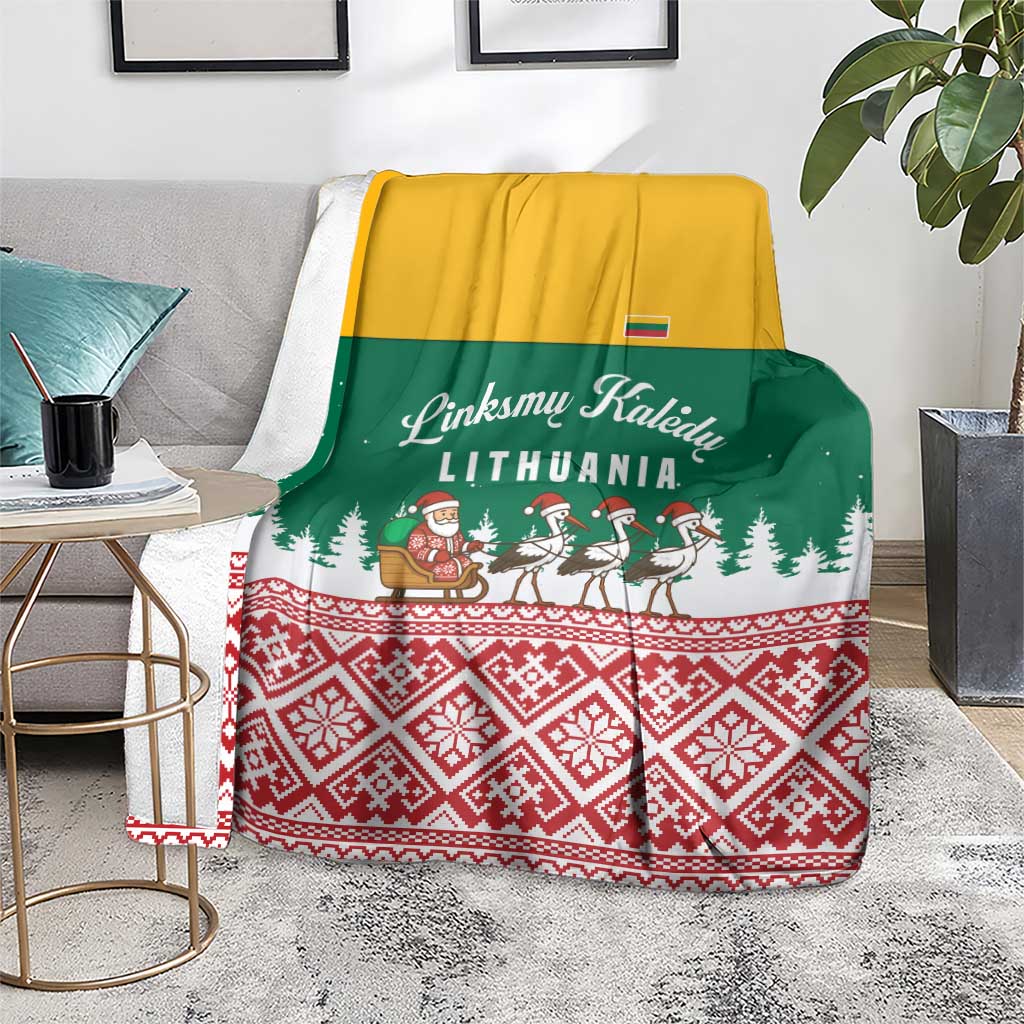 Lithuania Christmas Blanket with Santa Sleigh Pulled by Storks and Folk Pattern Design - Wonder Print Shop