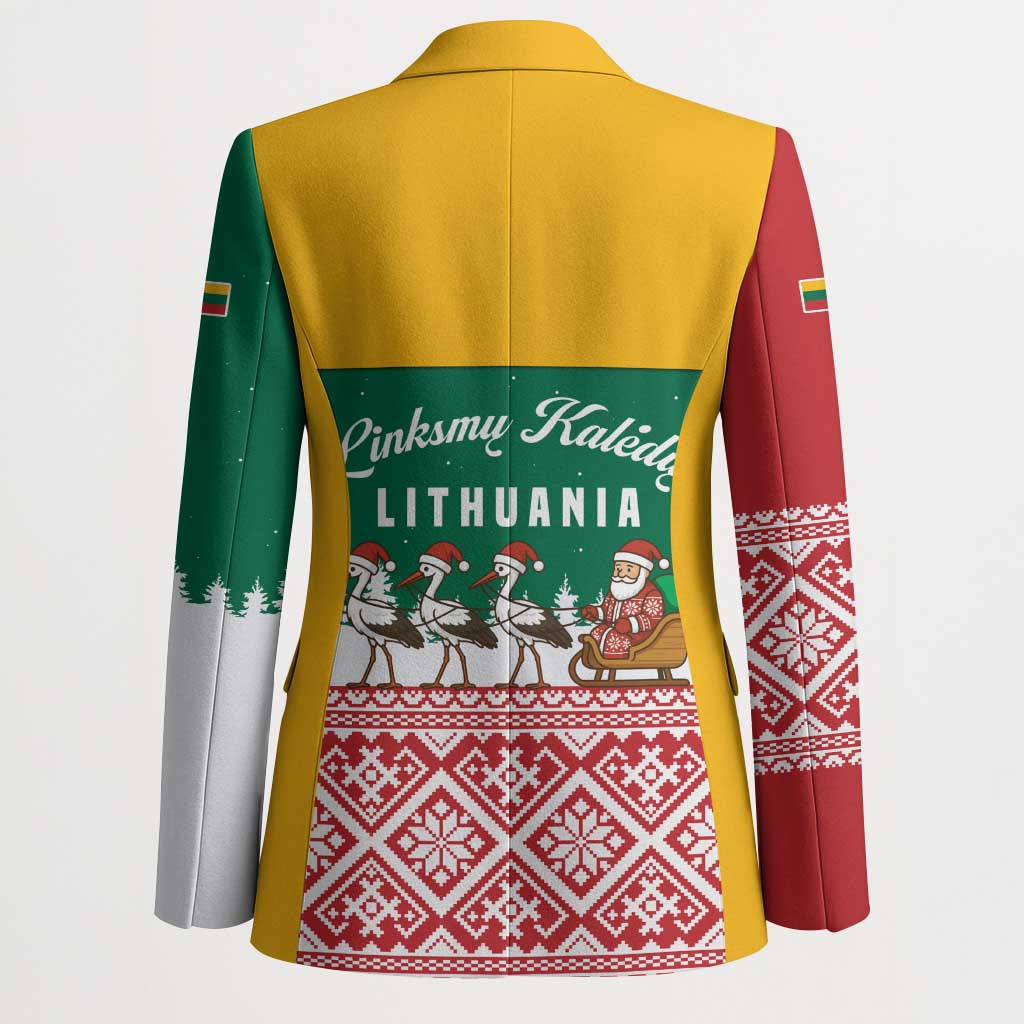 Lithuania Christmas Blazer with Santa Sleigh Pulled by Storks and Folk Pattern Design - Wonder Print Shop