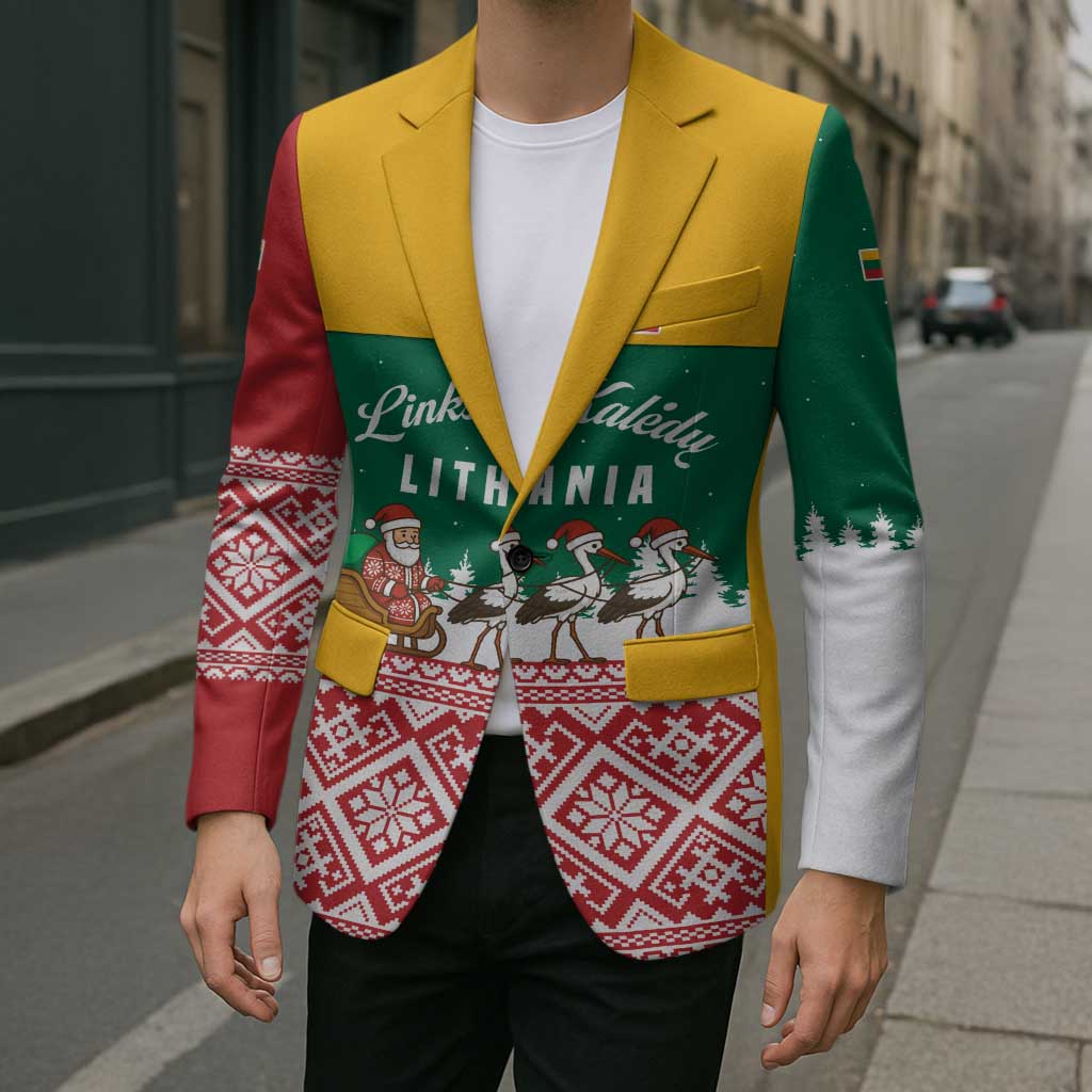 Lithuania Christmas Blazer with Santa Sleigh Pulled by Storks and Folk Pattern Design - Wonder Print Shop