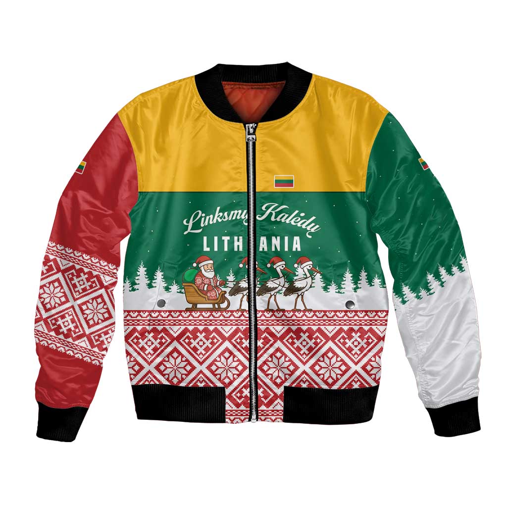 Lithuania Christmas Bomber Jacket with Santa Sleigh Pulled by Storks and Folk Pattern Design - Wonder Print Shop