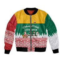 Lithuania Christmas Bomber Jacket with Santa Sleigh Pulled by Storks and Folk Pattern Design - Wonder Print Shop