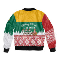Lithuania Christmas Bomber Jacket with Santa Sleigh Pulled by Storks and Folk Pattern Design - Wonder Print Shop