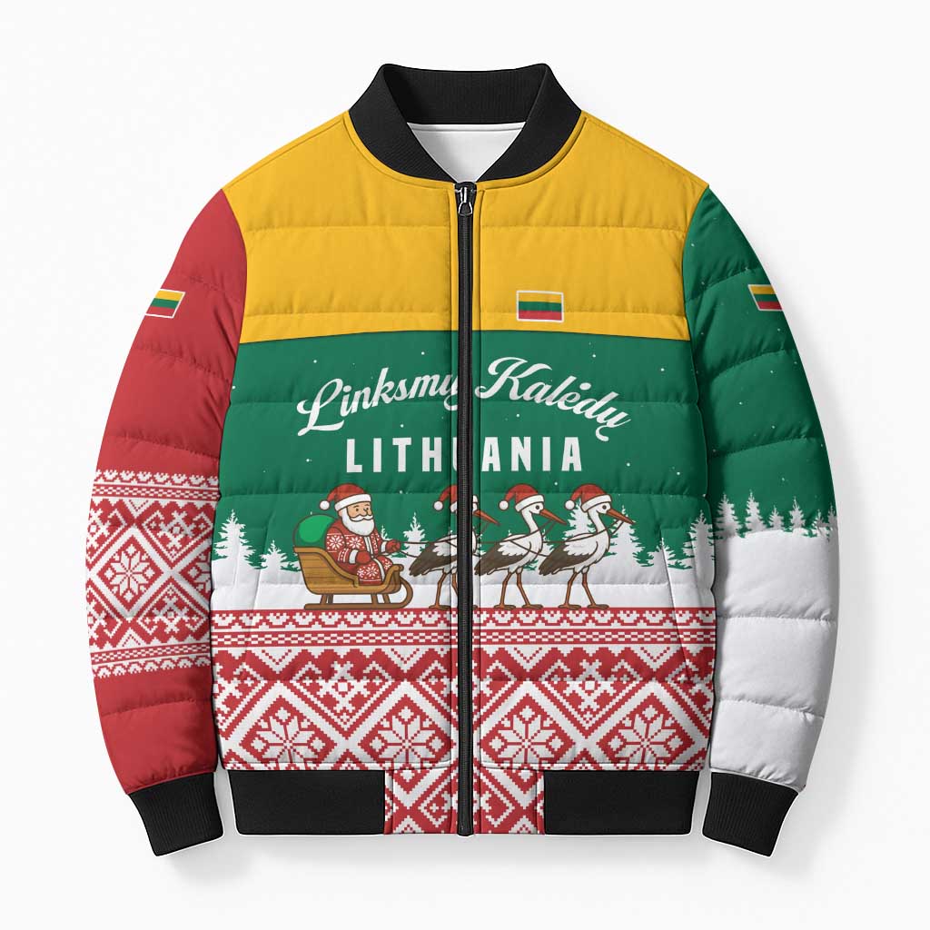 Lithuania Christmas Bomber Puffer Jacket with Santa Sleigh Pulled by Storks and Folk Pattern Design - Wonder Print Shop