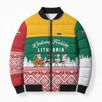 Lithuania Christmas Bomber Puffer Jacket with Santa Sleigh Pulled by Storks and Folk Pattern Design - Wonder Print Shop