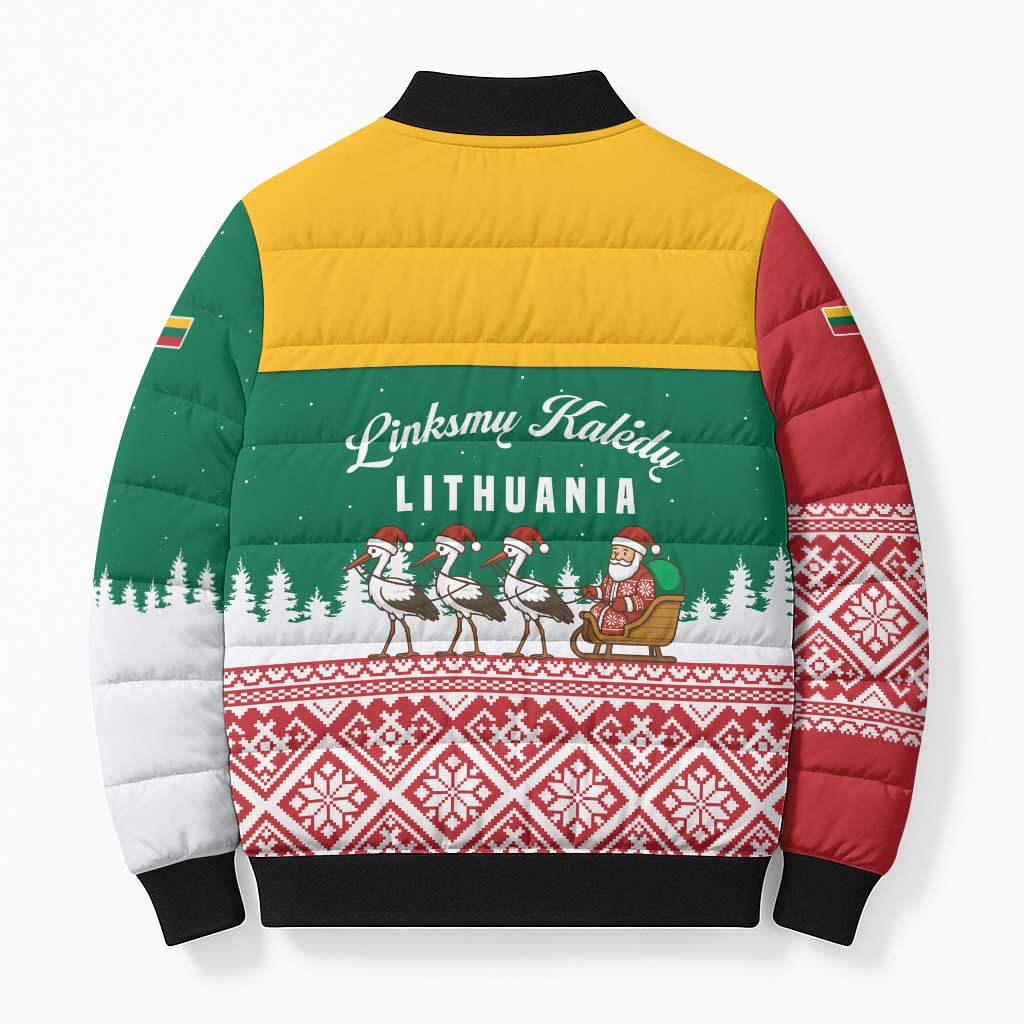 Lithuania Christmas Bomber Puffer Jacket with Santa Sleigh Pulled by Storks and Folk Pattern Design - Wonder Print Shop