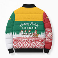 Lithuania Christmas Bomber Puffer Jacket with Santa Sleigh Pulled by Storks and Folk Pattern Design - Wonder Print Shop