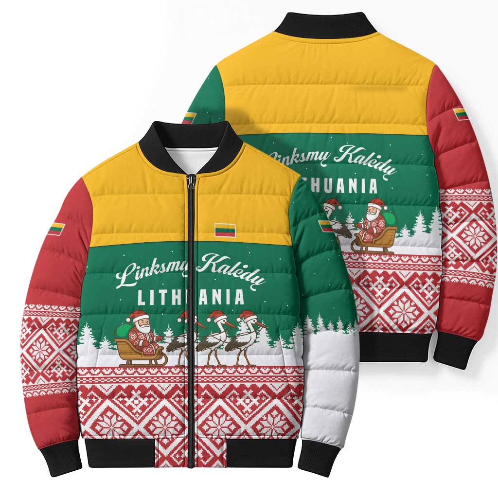 Lithuania Christmas Bomber Puffer Jacket with Santa Sleigh Pulled by Storks and Folk Pattern Design - Wonder Print Shop