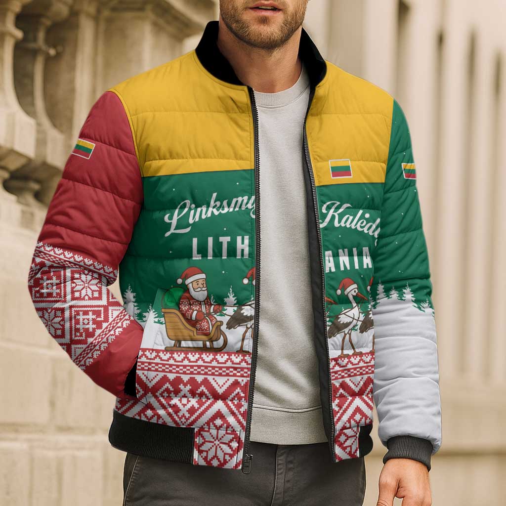 Lithuania Christmas Bomber Puffer Jacket with Santa Sleigh Pulled by Storks and Folk Pattern Design - Wonder Print Shop