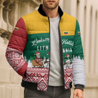 Lithuania Christmas Bomber Puffer Jacket with Santa Sleigh Pulled by Storks and Folk Pattern Design - Wonder Print Shop