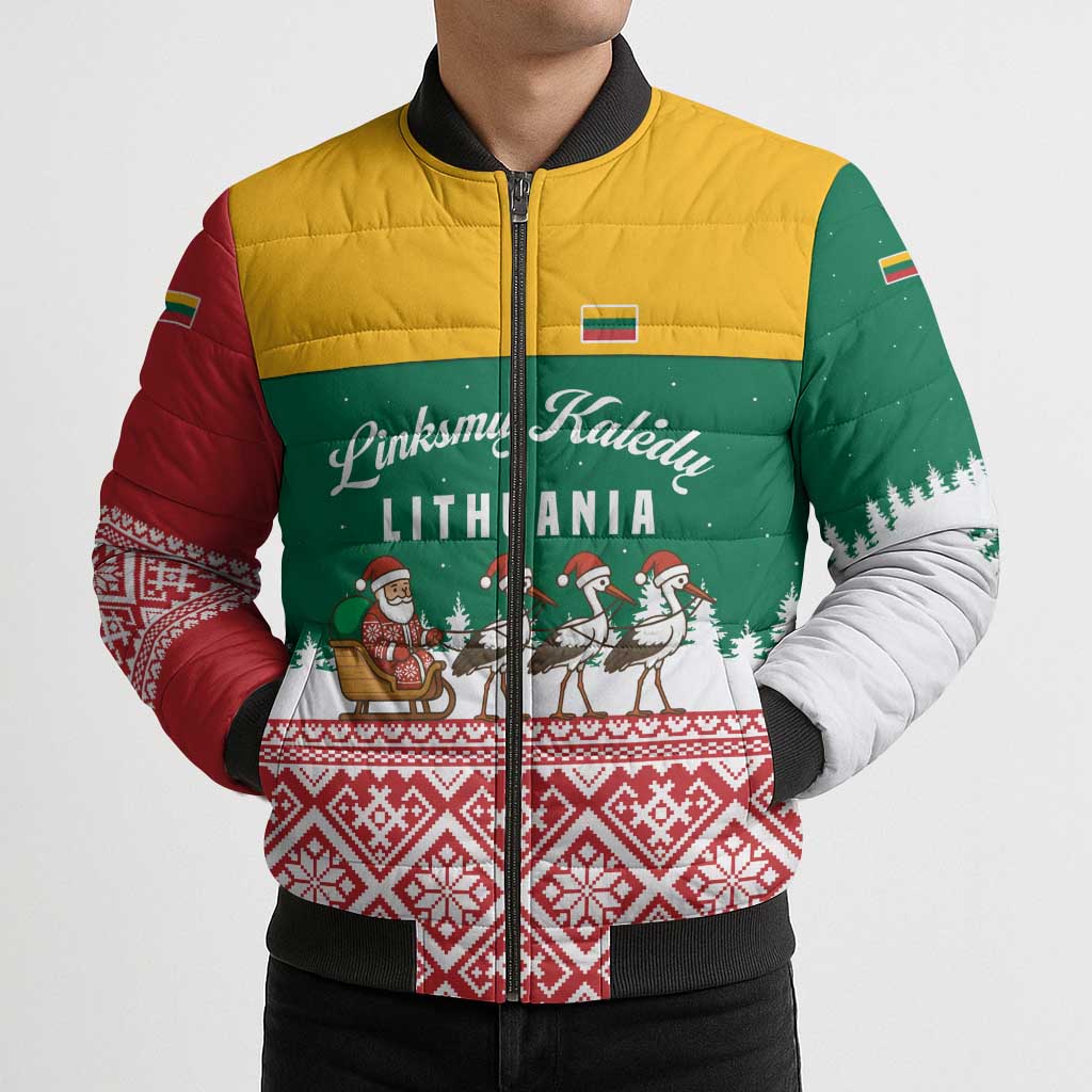 Lithuania Christmas Bomber Puffer Jacket with Santa Sleigh Pulled by Storks and Folk Pattern Design - Wonder Print Shop