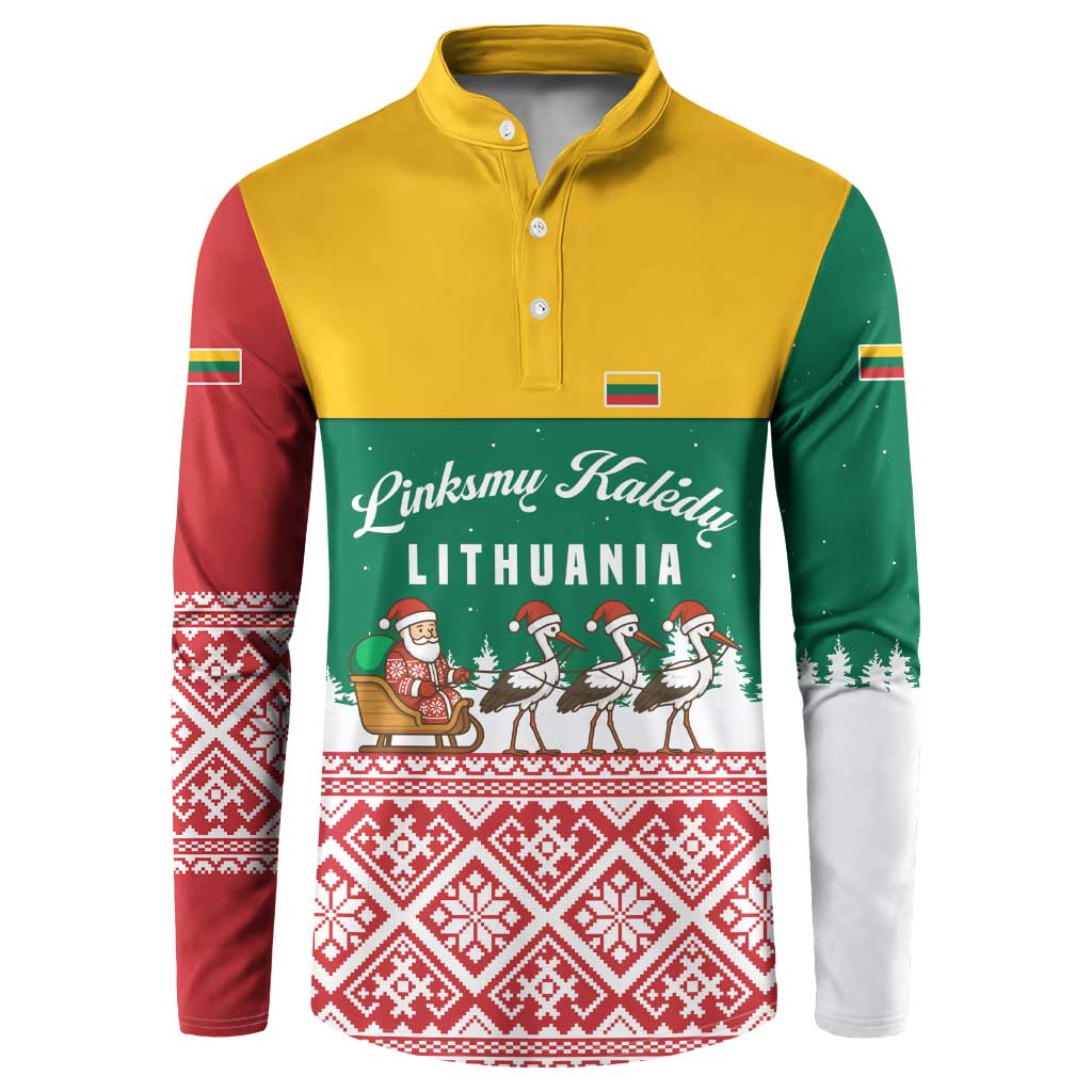 Lithuania Christmas Button Sweatshirt with Santa Sleigh Pulled by Storks and Folk Pattern Design - Wonder Print Shop