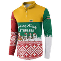 Lithuania Christmas Button Sweatshirt with Santa Sleigh Pulled by Storks and Folk Pattern Design - Wonder Print Shop