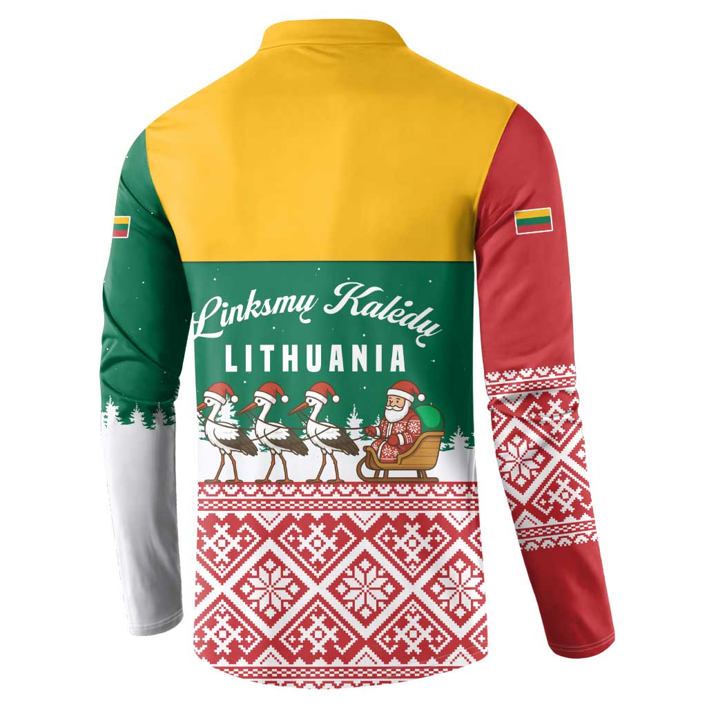 Lithuania Christmas Button Sweatshirt with Santa Sleigh Pulled by Storks and Folk Pattern Design - Wonder Print Shop