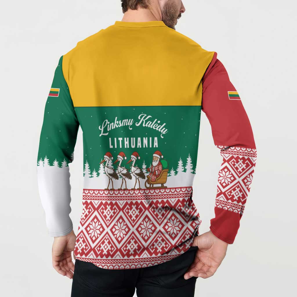Lithuania Christmas Button Sweatshirt with Santa Sleigh Pulled by Storks and Folk Pattern Design - Wonder Print Shop