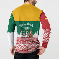 Lithuania Christmas Button Sweatshirt with Santa Sleigh Pulled by Storks and Folk Pattern Design - Wonder Print Shop