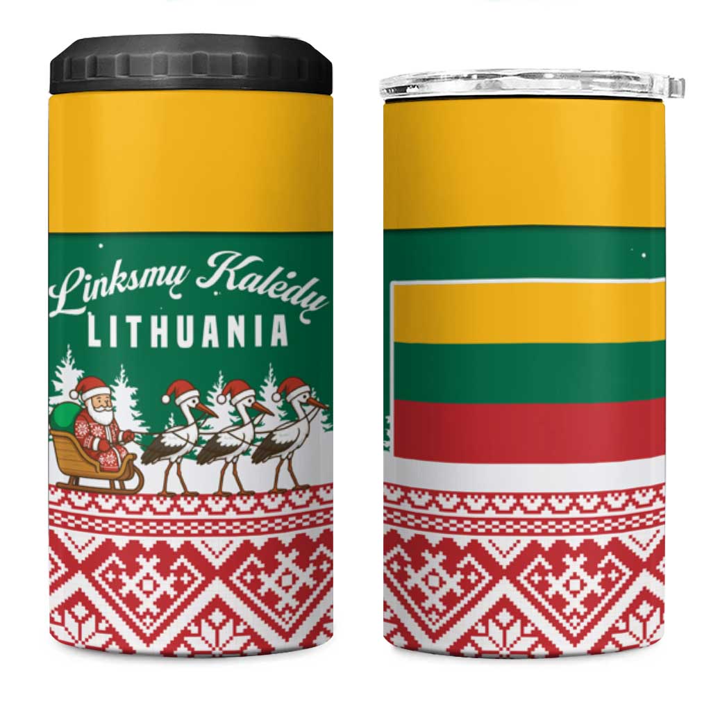 Lithuania Christmas 4 in 1 Can Cooler Tumbler with Santa Sleigh Pulled by Storks and Folk Pattern Design - Wonder Print Shop