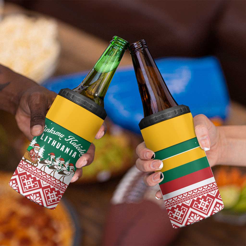 Lithuania Christmas 4 in 1 Can Cooler Tumbler with Santa Sleigh Pulled by Storks and Folk Pattern Design - Wonder Print Shop