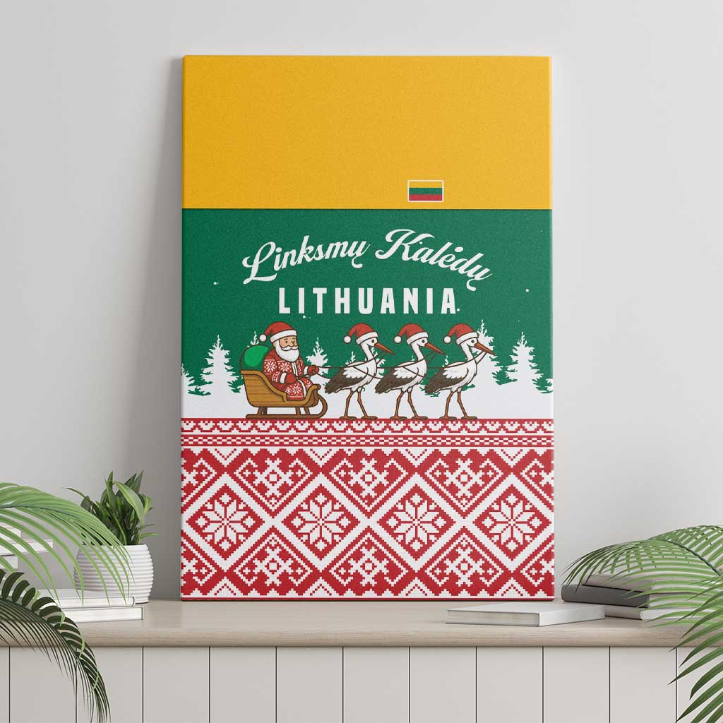 Lithuania Christmas Canvas Wall Art with Santa Sleigh Pulled by Storks and Folk Pattern Design - Wonder Print Shop