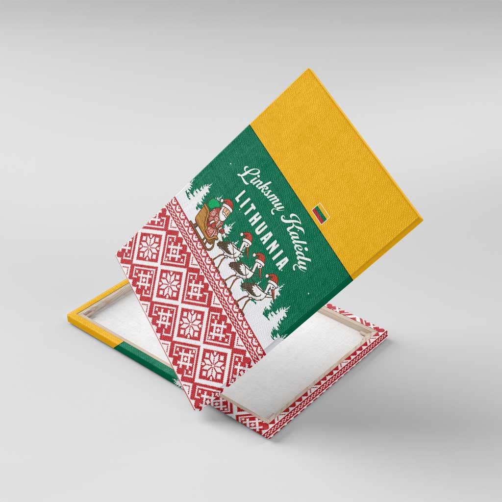 Lithuania Christmas Canvas Wall Art with Santa Sleigh Pulled by Storks and Folk Pattern Design - Wonder Print Shop