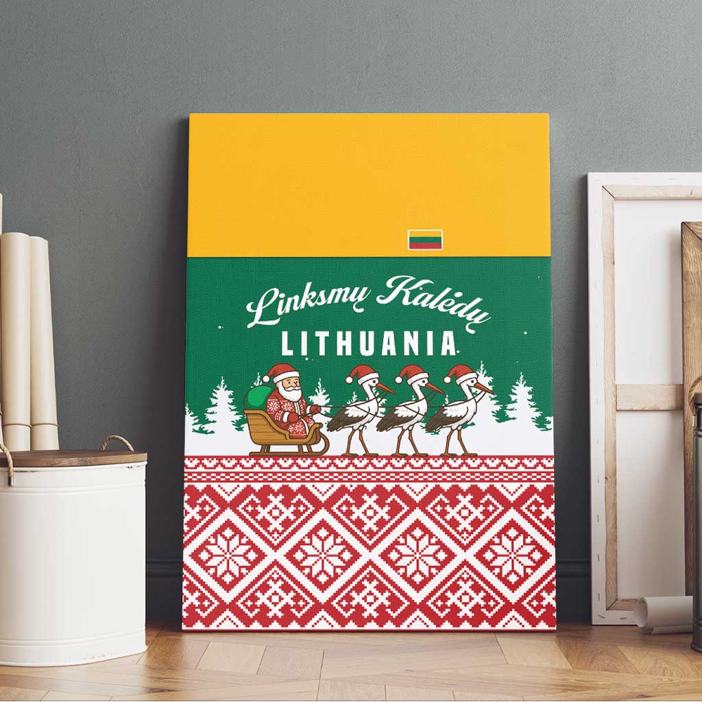 Lithuania Christmas Canvas Wall Art with Santa Sleigh Pulled by Storks and Folk Pattern Design - Wonder Print Shop