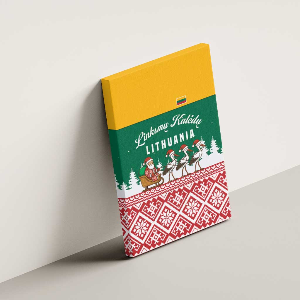 Lithuania Christmas Canvas Wall Art with Santa Sleigh Pulled by Storks and Folk Pattern Design - Wonder Print Shop