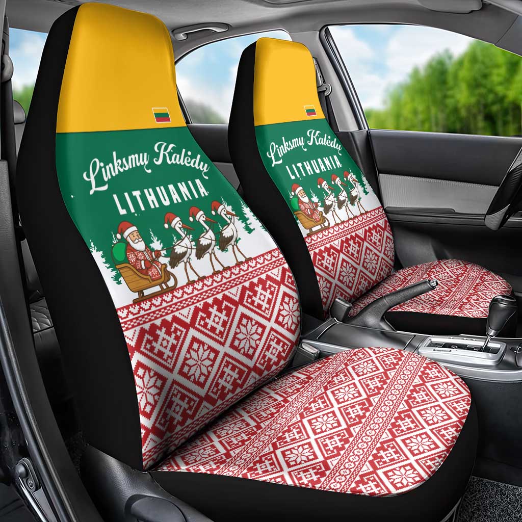 Lithuania Christmas Car Seat Cover with Santa Sleigh Pulled by Storks and Folk Pattern Design - Wonder Print Shop