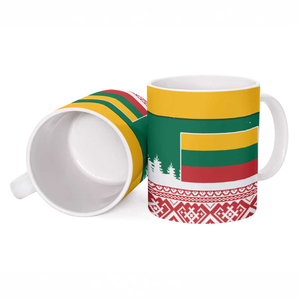 Lithuania Christmas Ceramic Mug with Santa Sleigh Pulled by Storks and Folk Pattern Design - Wonder Print Shop
