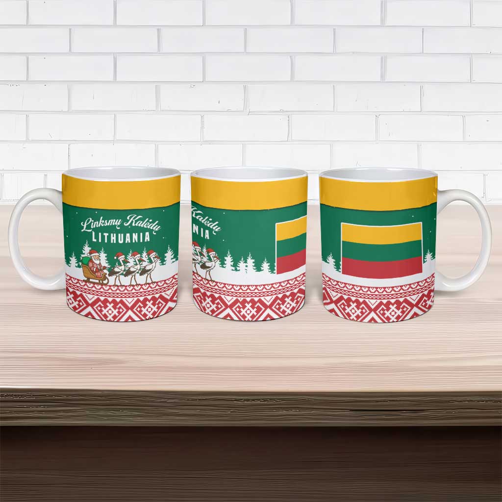 Lithuania Christmas Ceramic Mug with Santa Sleigh Pulled by Storks and Folk Pattern Design - Wonder Print Shop