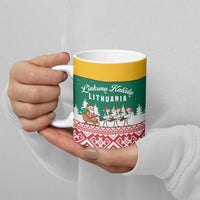 Lithuania Christmas Ceramic Mug with Santa Sleigh Pulled by Storks and Folk Pattern Design - Wonder Print Shop