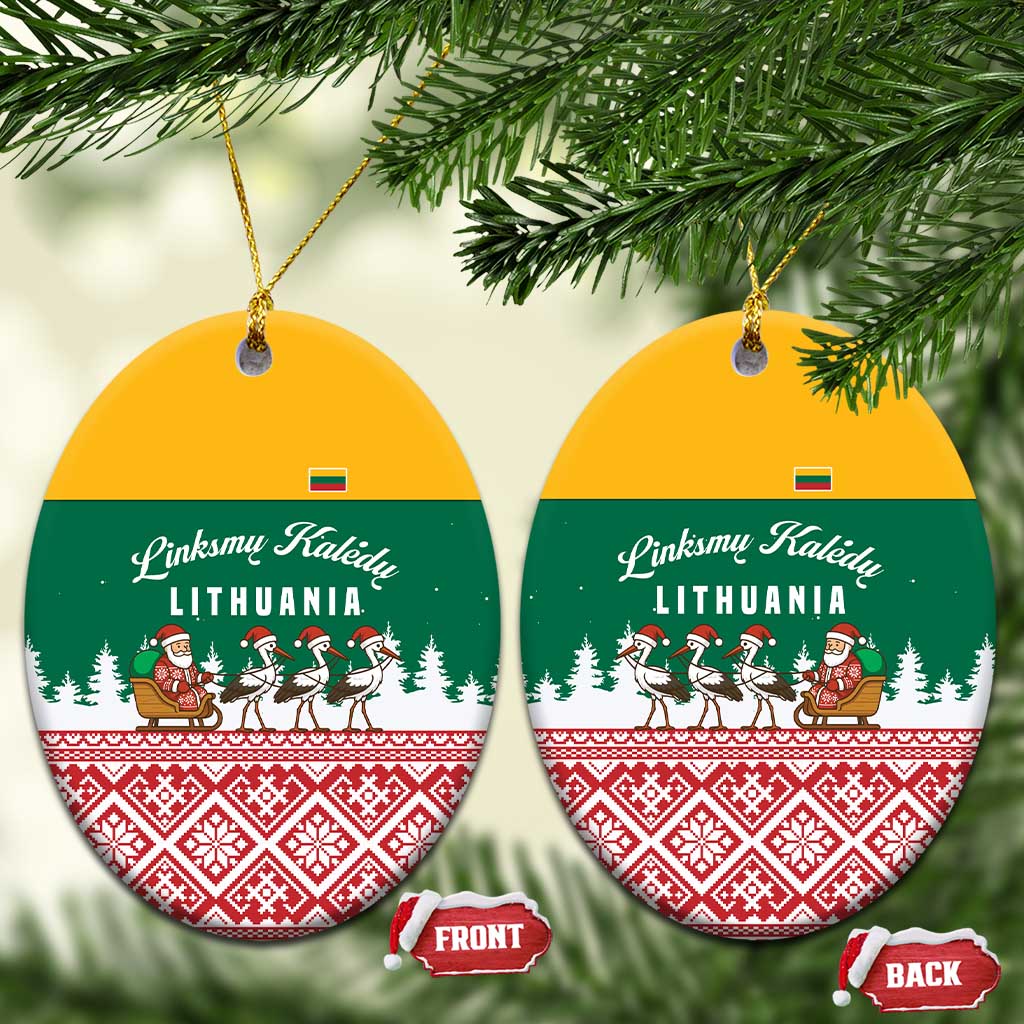 Lithuania Christmas Ceramic Ornament with Santa Sleigh Pulled by Storks and Folk Pattern Design - Wonder Print Shop