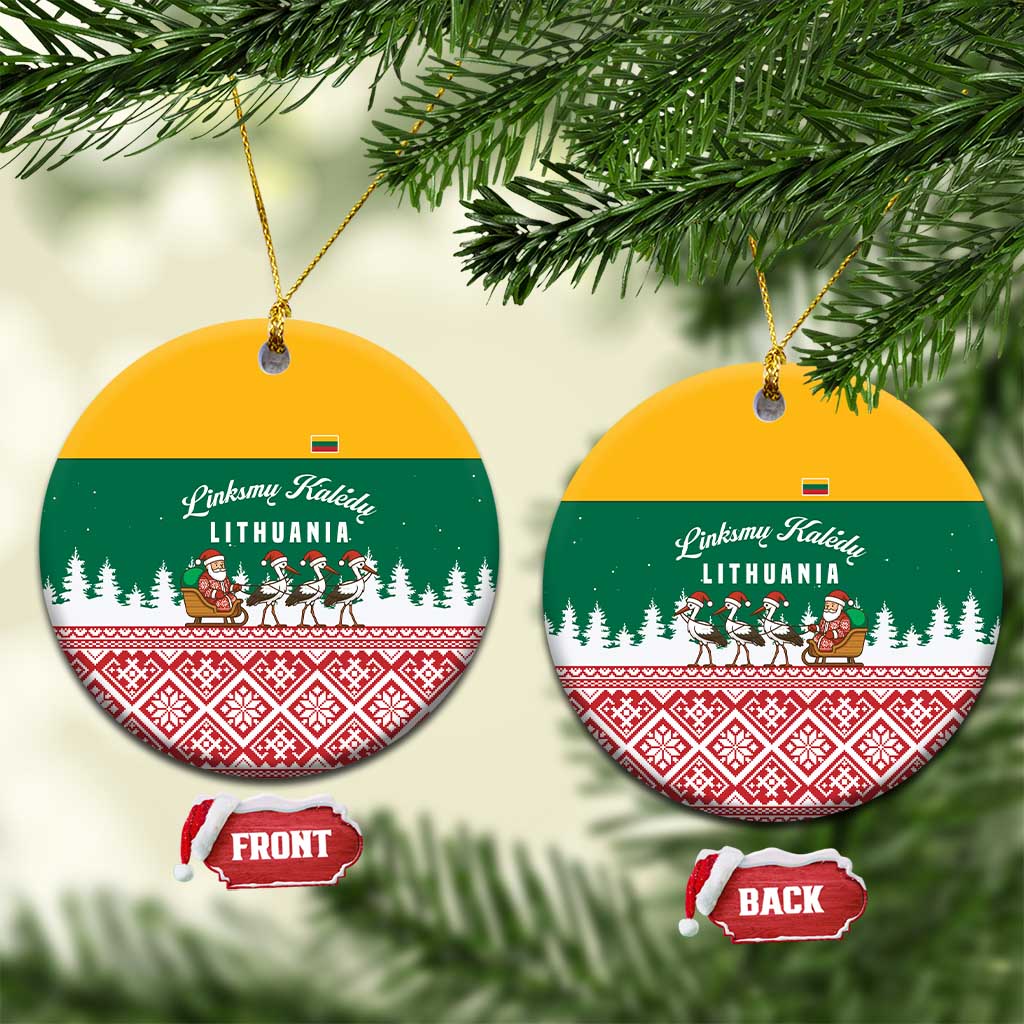 Lithuania Christmas Ceramic Ornament with Santa Sleigh Pulled by Storks and Folk Pattern Design - Wonder Print Shop