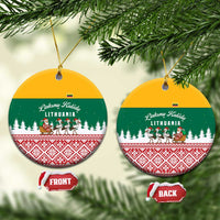 Lithuania Christmas Ceramic Ornament with Santa Sleigh Pulled by Storks and Folk Pattern Design - Wonder Print Shop