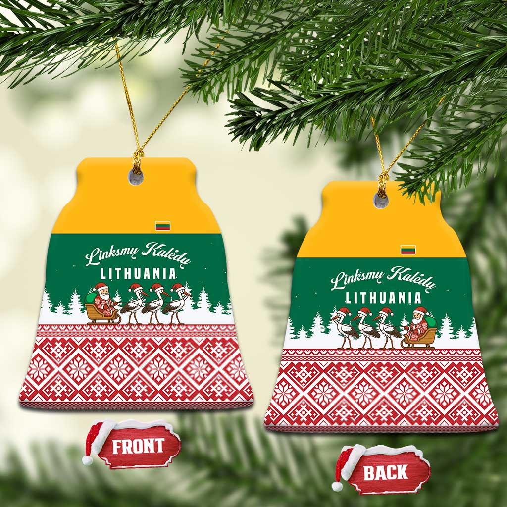 Lithuania Christmas Ceramic Ornament with Santa Sleigh Pulled by Storks and Folk Pattern Design - Wonder Print Shop