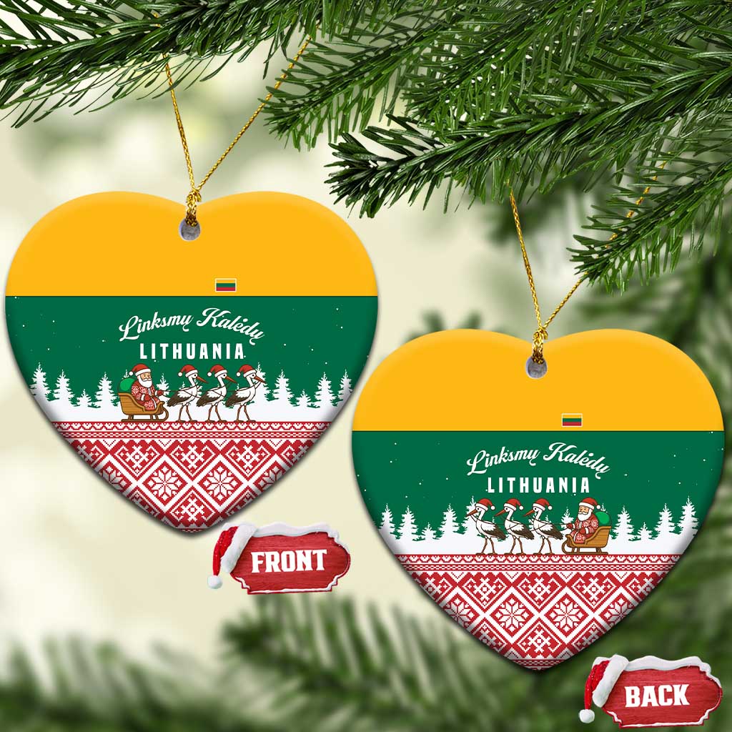 Lithuania Christmas Ceramic Ornament with Santa Sleigh Pulled by Storks and Folk Pattern Design - Wonder Print Shop