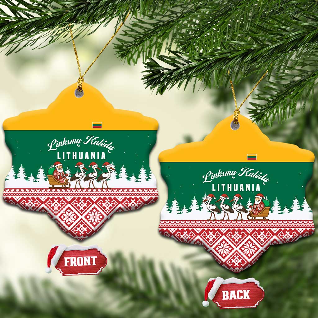 Lithuania Christmas Ceramic Ornament with Santa Sleigh Pulled by Storks and Folk Pattern Design - Wonder Print Shop