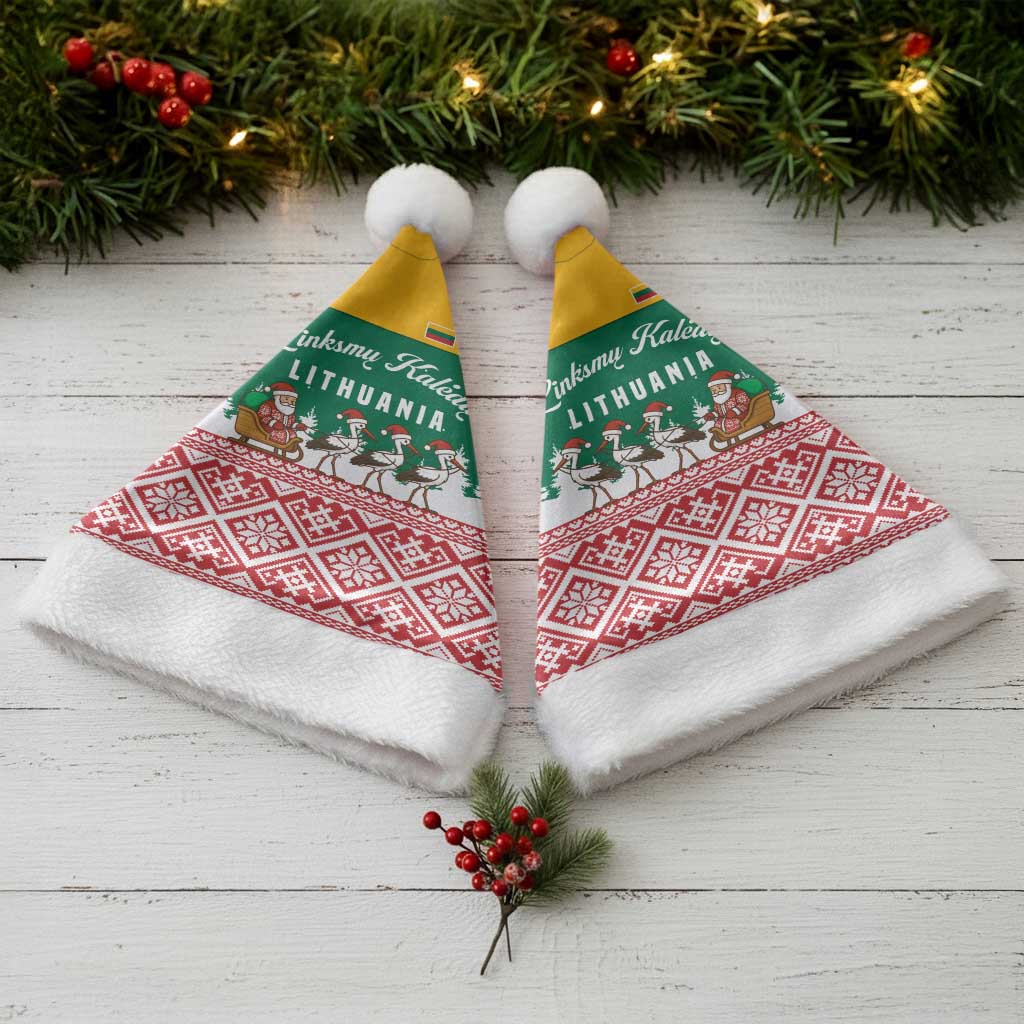 Lithuania Christmas Santa Hat with Santa Sleigh Pulled by Storks and Folk Pattern Design - Wonder Print Shop