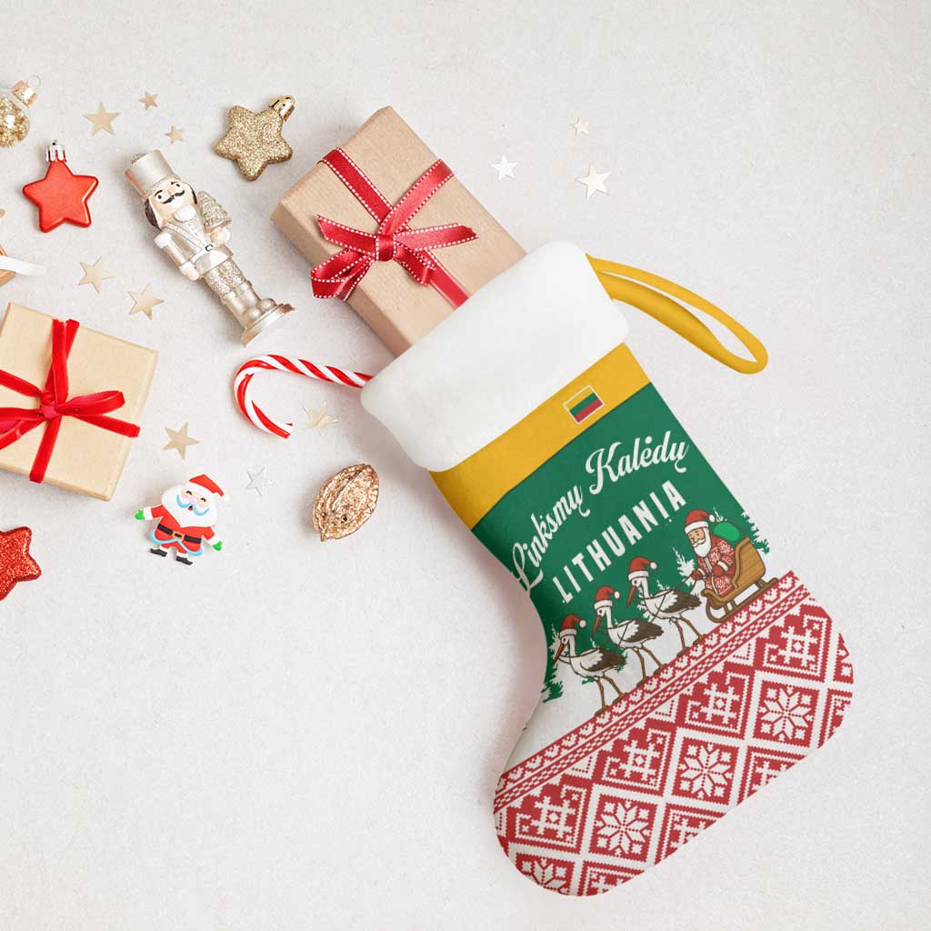 Lithuania Christmas Stocking with Santa Sleigh Pulled by Storks and Folk Pattern Design - Wonder Print Shop