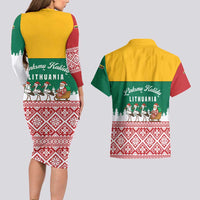 Lithuania Christmas Couples Matching Long Sleeve Bodycon Dress and Hawaiian Shirt with Santa Sleigh Pulled by Storks and Folk Pattern Design - Wonder Print Shop