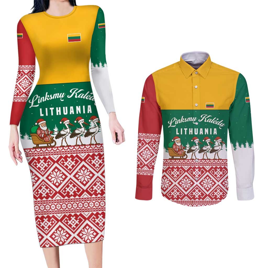 Lithuania Christmas Couples Matching Long Sleeve Bodycon Dress and Long Sleeve Button Shirt with Santa Sleigh Pulled by Storks and Folk Pattern Design - Wonder Print Shop