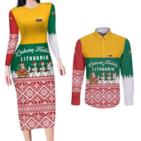 Lithuania Christmas Couples Matching Long Sleeve Bodycon Dress and Long Sleeve Button Shirt with Santa Sleigh Pulled by Storks and Folk Pattern Design - Wonder Print Shop