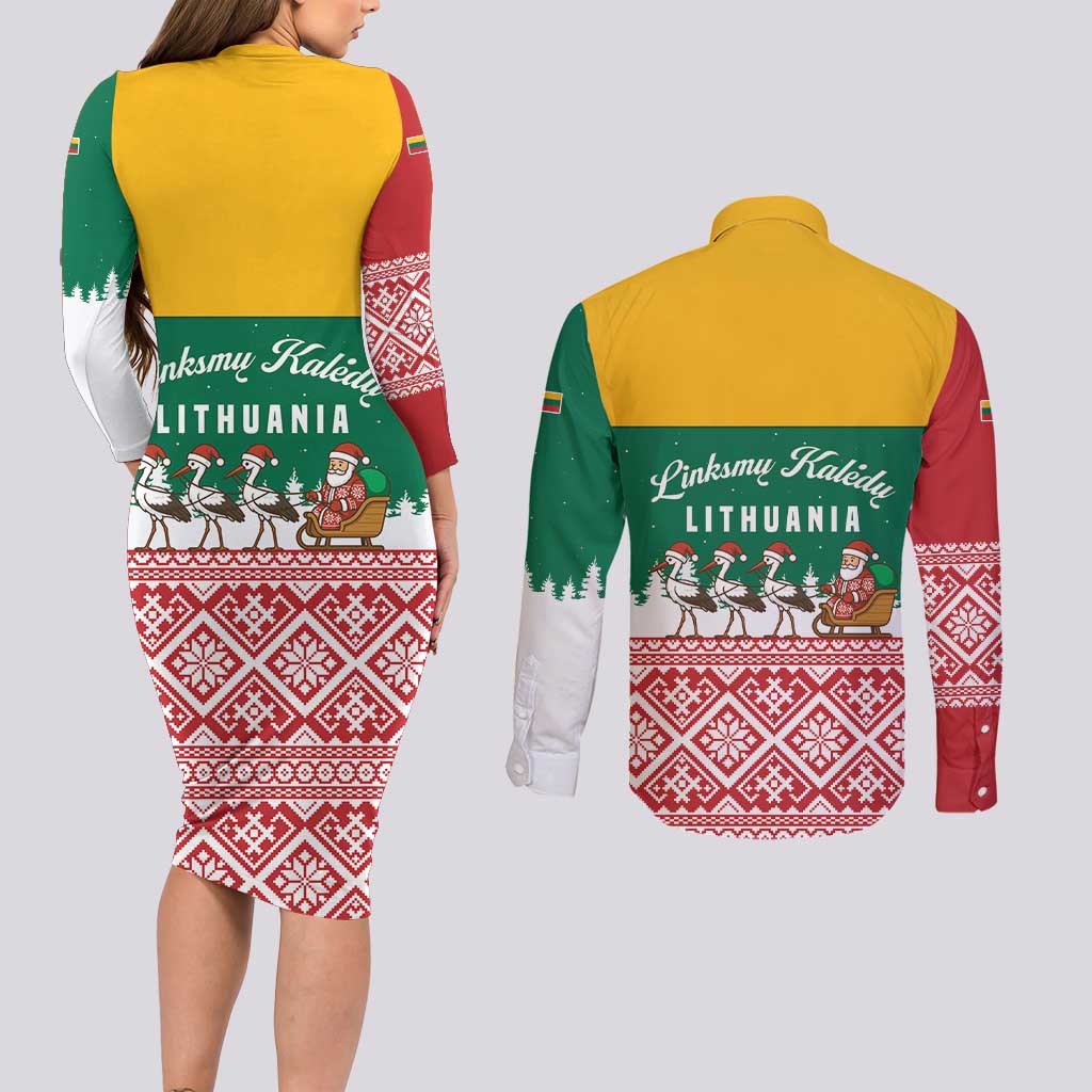 Lithuania Christmas Couples Matching Long Sleeve Bodycon Dress and Long Sleeve Button Shirt with Santa Sleigh Pulled by Storks and Folk Pattern Design - Wonder Print Shop