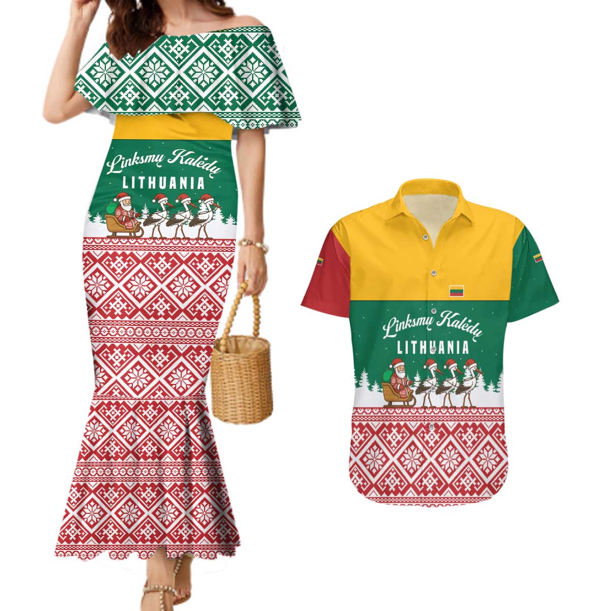 Lithuania Christmas Couples Matching Mermaid Dress and Hawaiian Shirt with Santa Sleigh Pulled by Storks and Folk Pattern Design - Wonder Print Shop